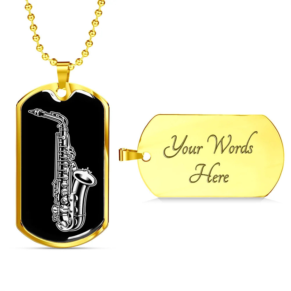 Musician Necklace Saxophone Silver Personalized Engraved Gold Dog Tag Necklace